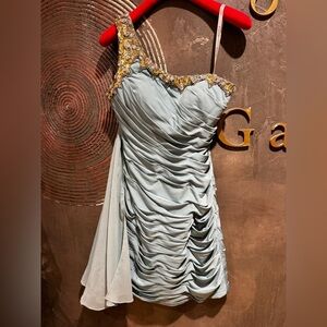 Holiday ready Jovani NWOT Light Blue One Shoulder Dress with Gold Embellishments
